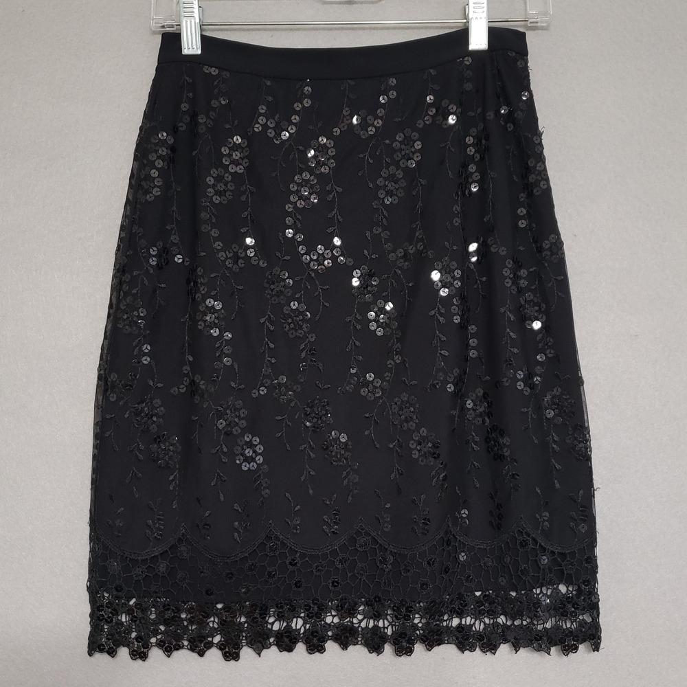 Carole Little Womens 4P Pencil Skirt Black Sequin Lace Floral Mesh Evening 2893